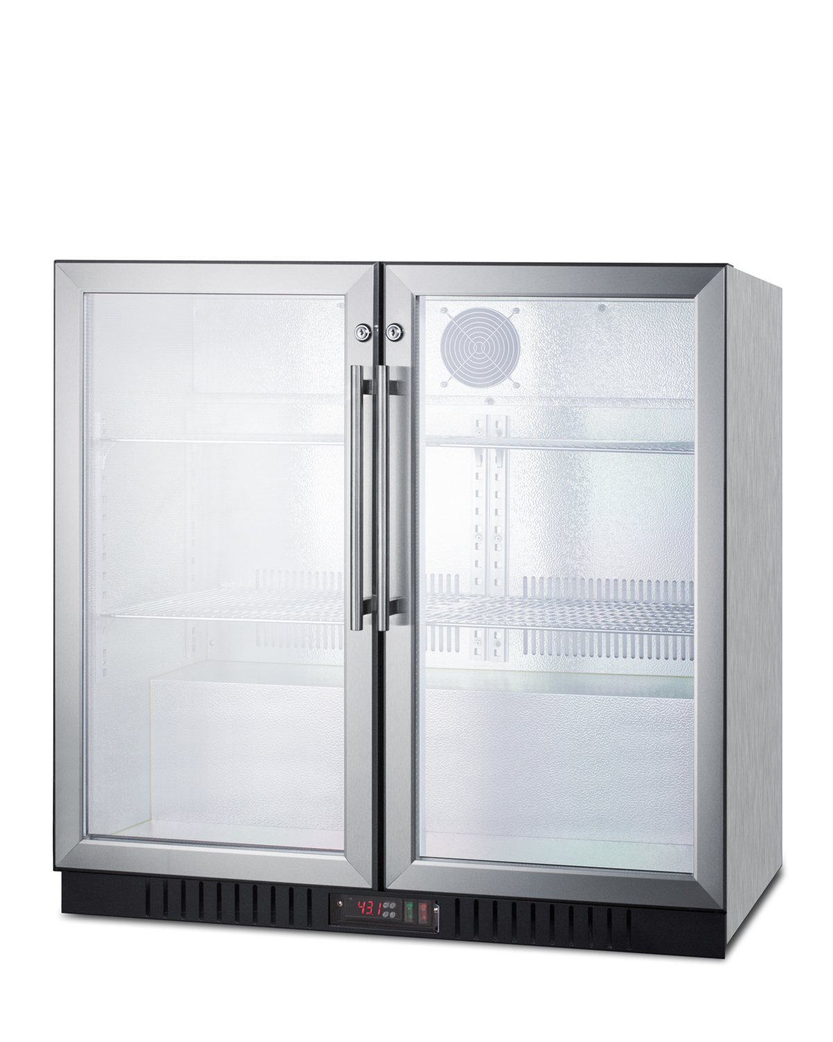 Commercial back bar beverage center for freestanding use, with self-closing French doors and stainless steel wrapped cabinet; replaces SCR7012DCSS